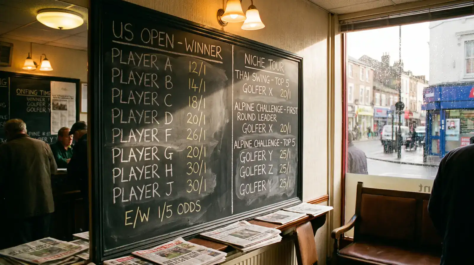 UK betting shop chalkboard with handwritten LIV Golf prices showing wider margins than a standard PGA Tour week board