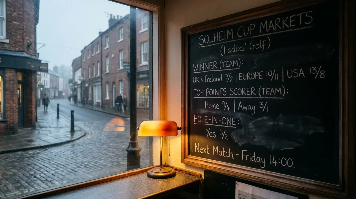 Traditional UK betting shop chalkboard with handwritten Solheim Cup markets and limited number of available bet types
