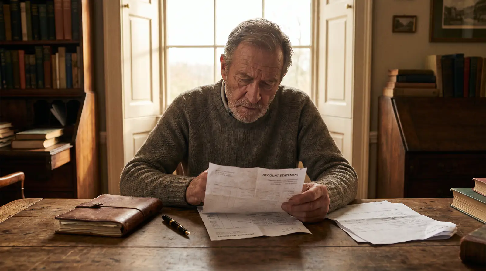 UK punter at a desk reading a paper account statement carefully as part of his routine review of how his data is used