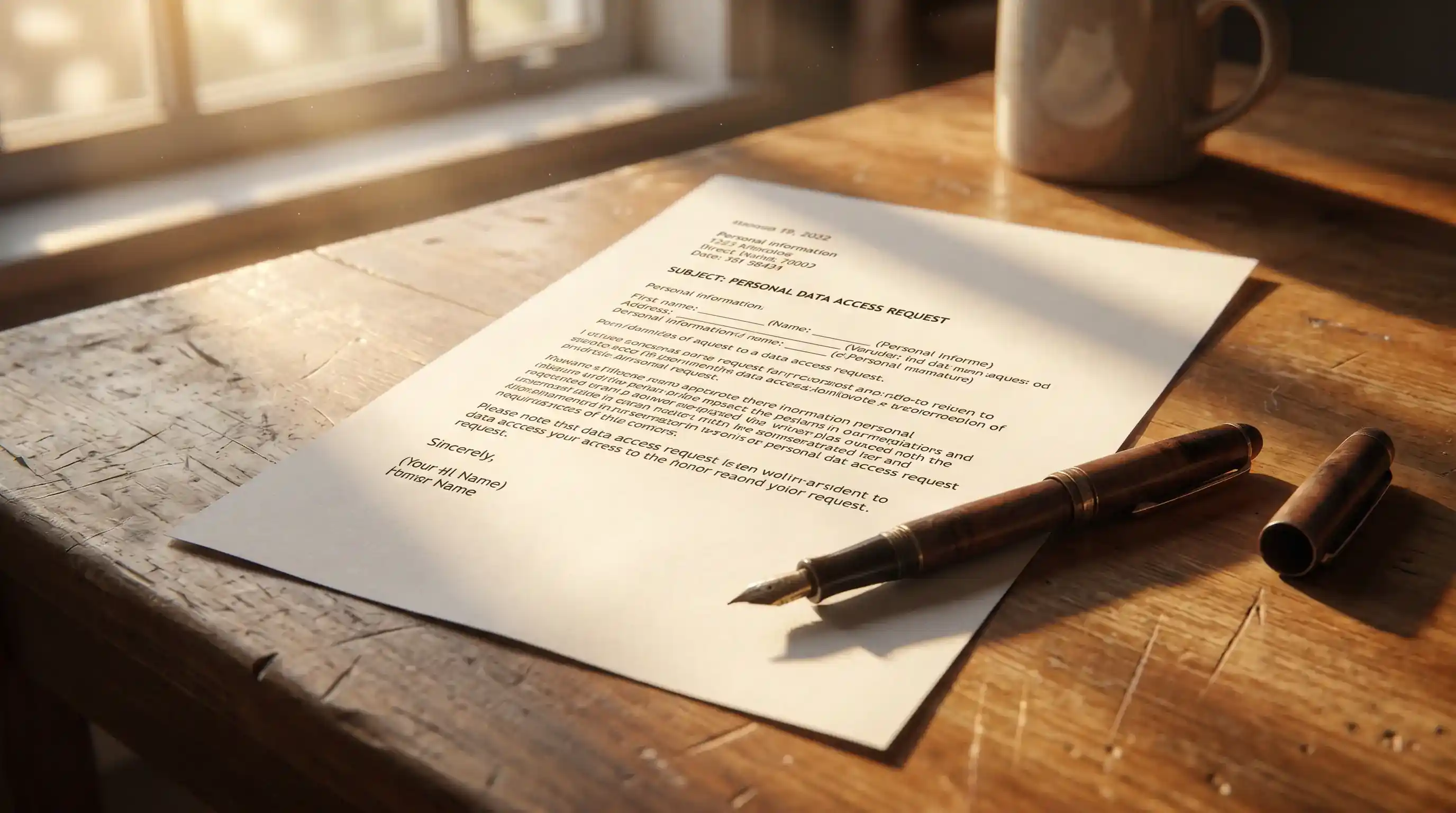 Printed data access request letter on a desk under window light with a pen ready to sign at the bottom of the page