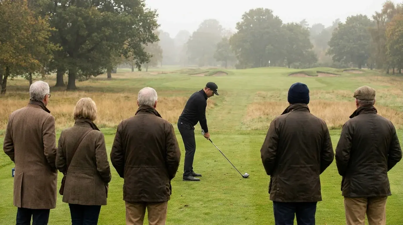 UK golf course fairway at dawn with a small group of spectators watching a tee shot under low coastal mist
