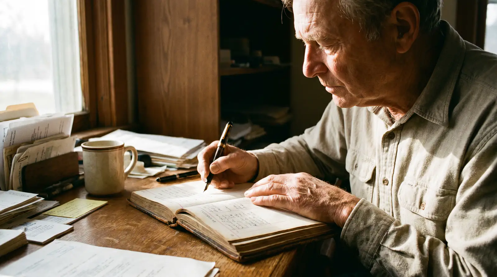 UK punter writing simple bankroll allocation notes in a small ledger book beside a coffee mug at a desk