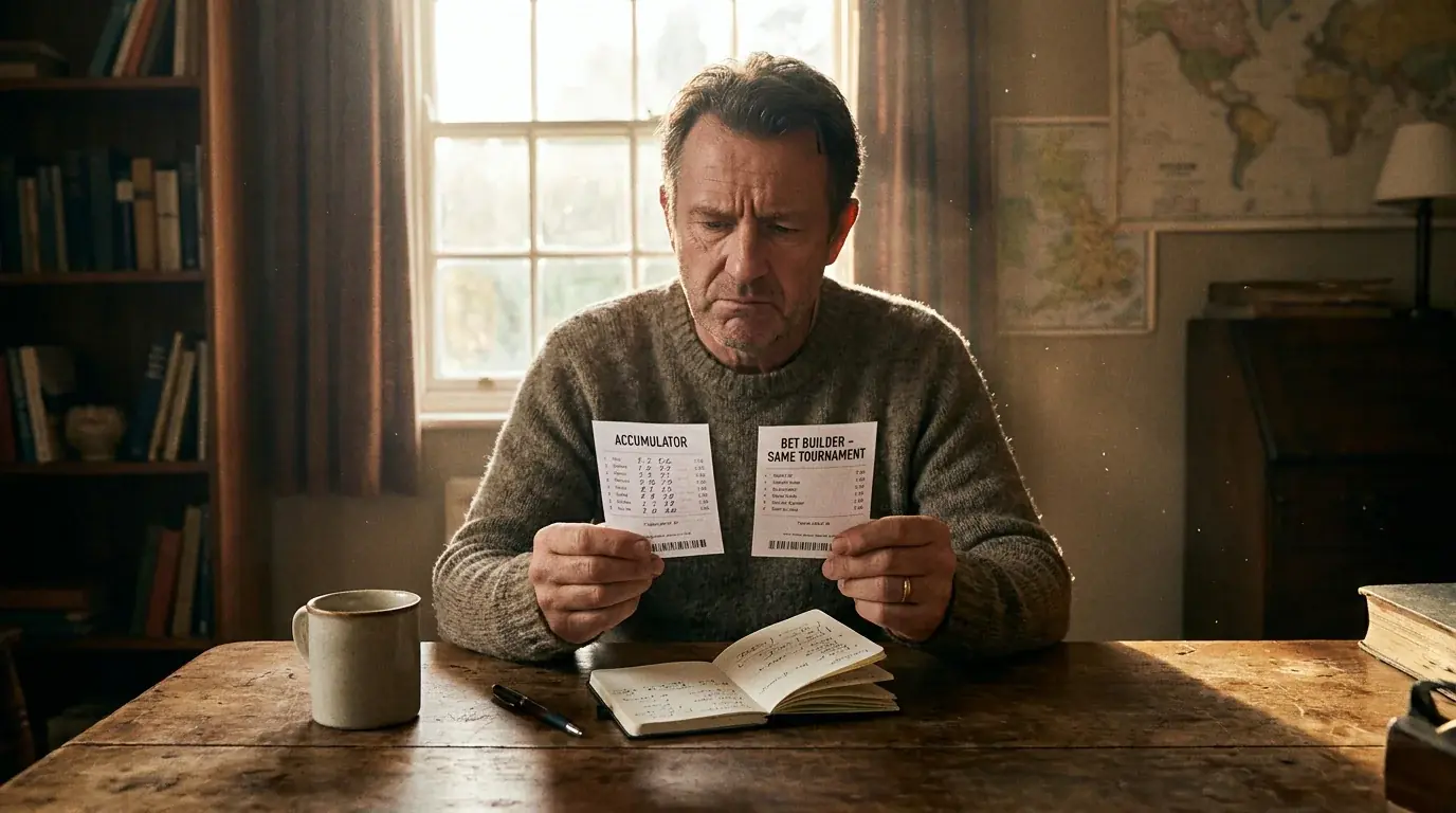 UK punter holding two printed slips side by side comparing an accumulator and a same-tournament bet builder