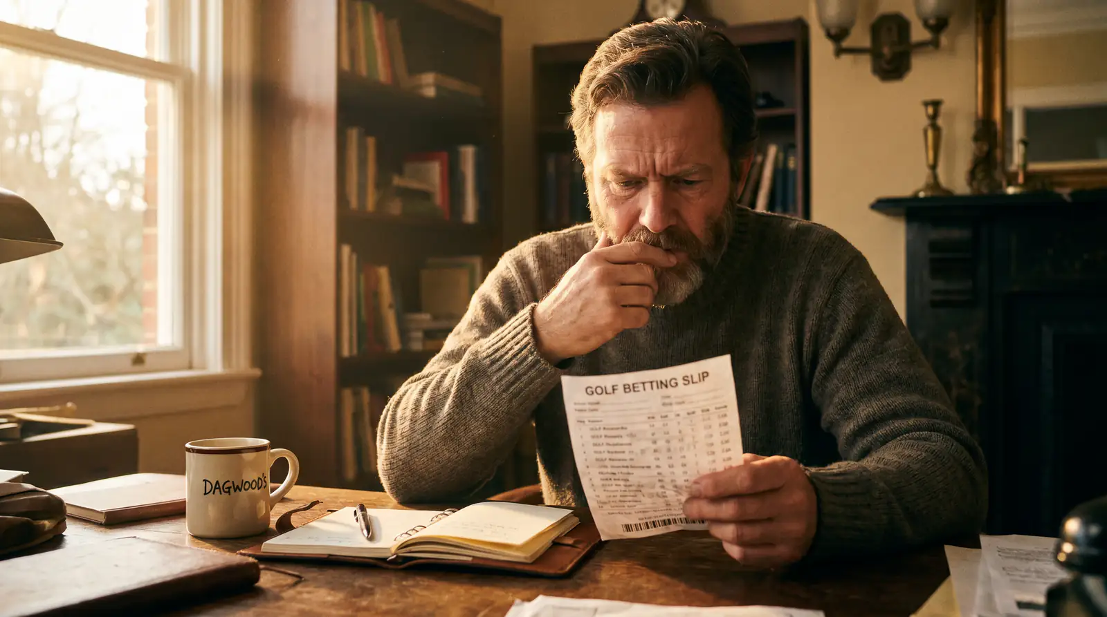 UK punter at a desk looking at a printed betting slip and weighing up a cash-out decision during a tournament Sunday