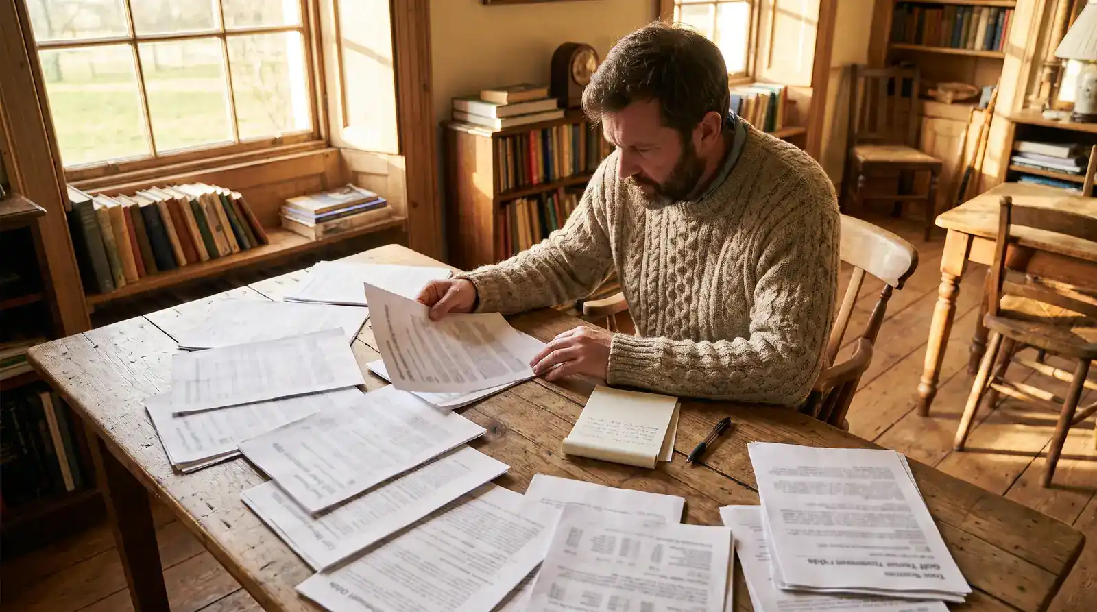 UK punter at a desk comparing several printed paper price sheets from different bookmakers for the same golf tournament