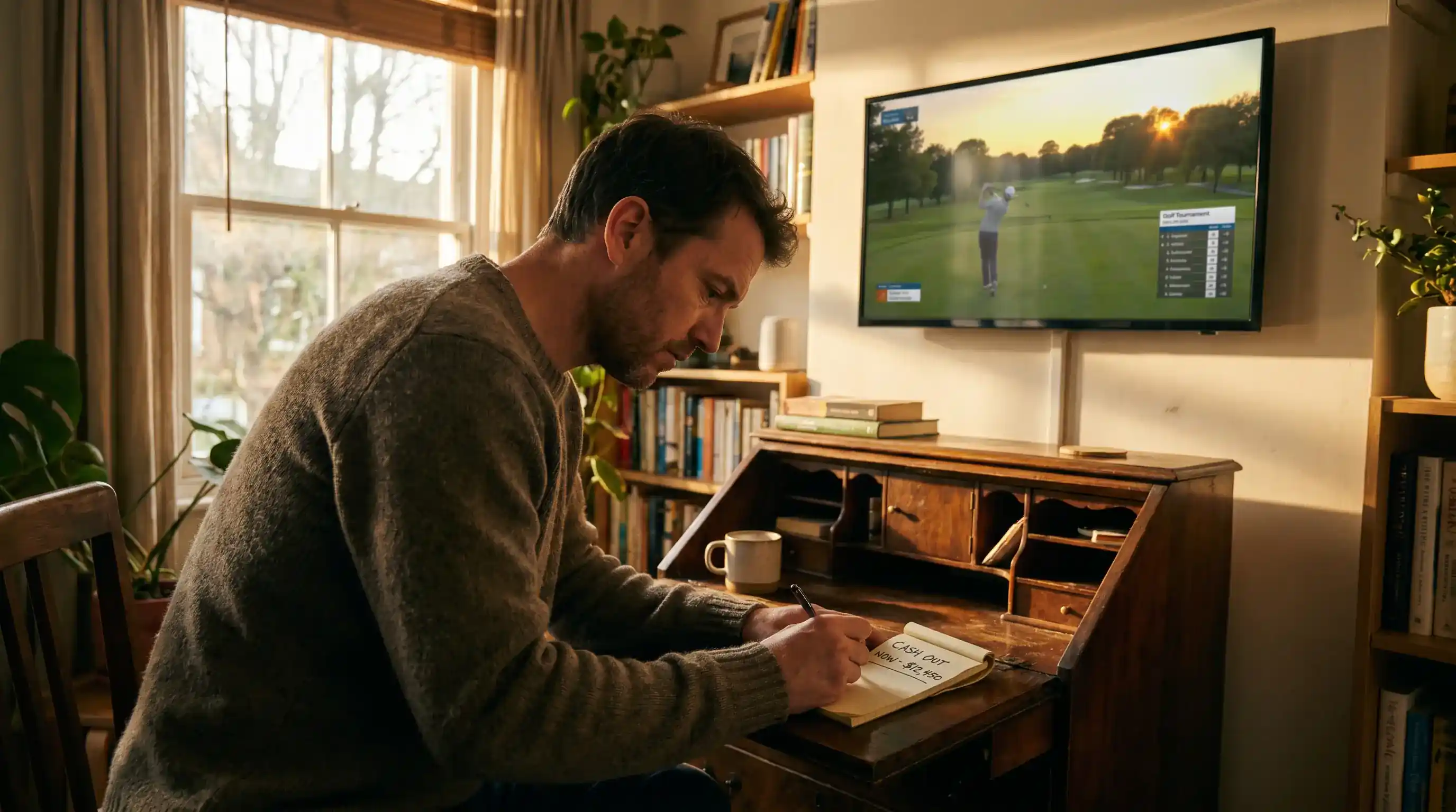 UK punter at a desk noting a live cash-out decision in a small notepad with a muted live broadcast in the background