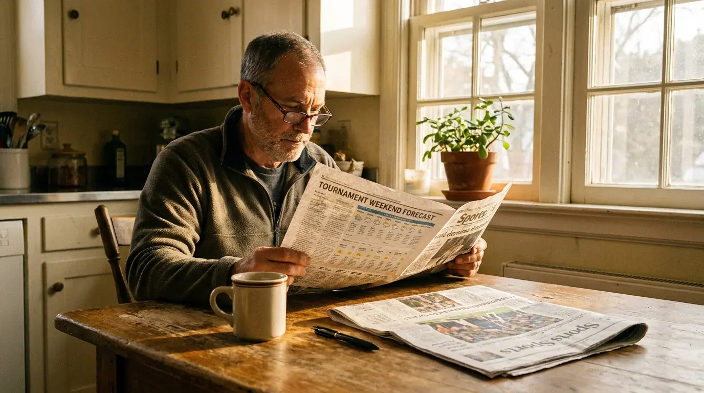 UK punter at a kitchen table reading a printed weather forecast for a tournament weekend with a coffee mug beside