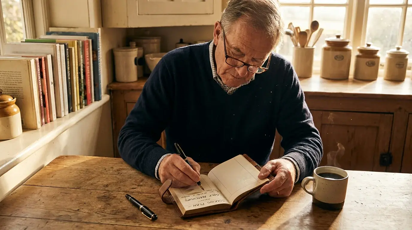 UK punter at a kitchen table writing out a staking plan for matchup bets in a small ledger book