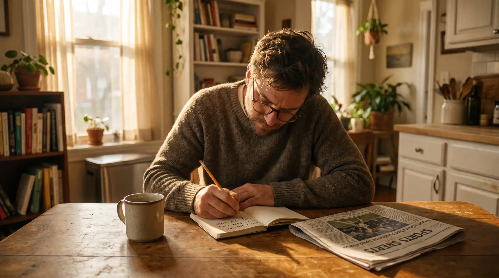 UK punter writing simple bankroll unit notes in a small notebook beside a coffee mug at a kitchen table on Sunday morning