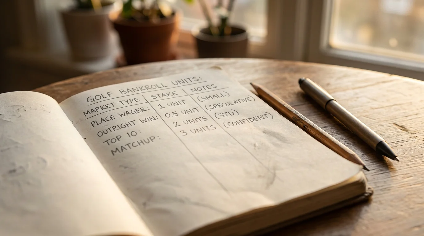 Close-up of a betting notebook showing a simple handwritten unit system for golf bankroll with stake-size guidelines per market type