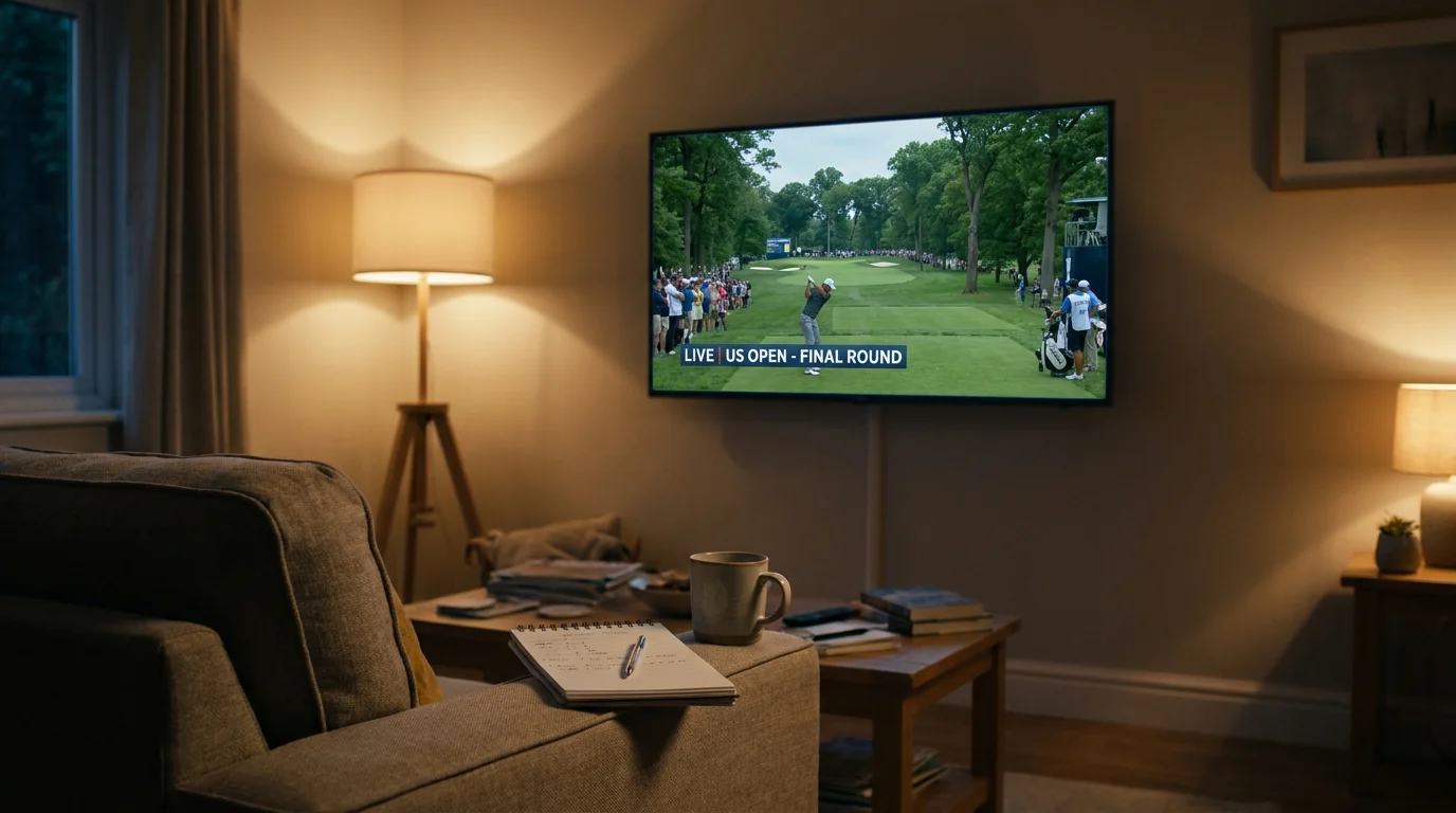 Television showing an American golf broadcast in a UK living room with the on-screen odds graphics in American format
