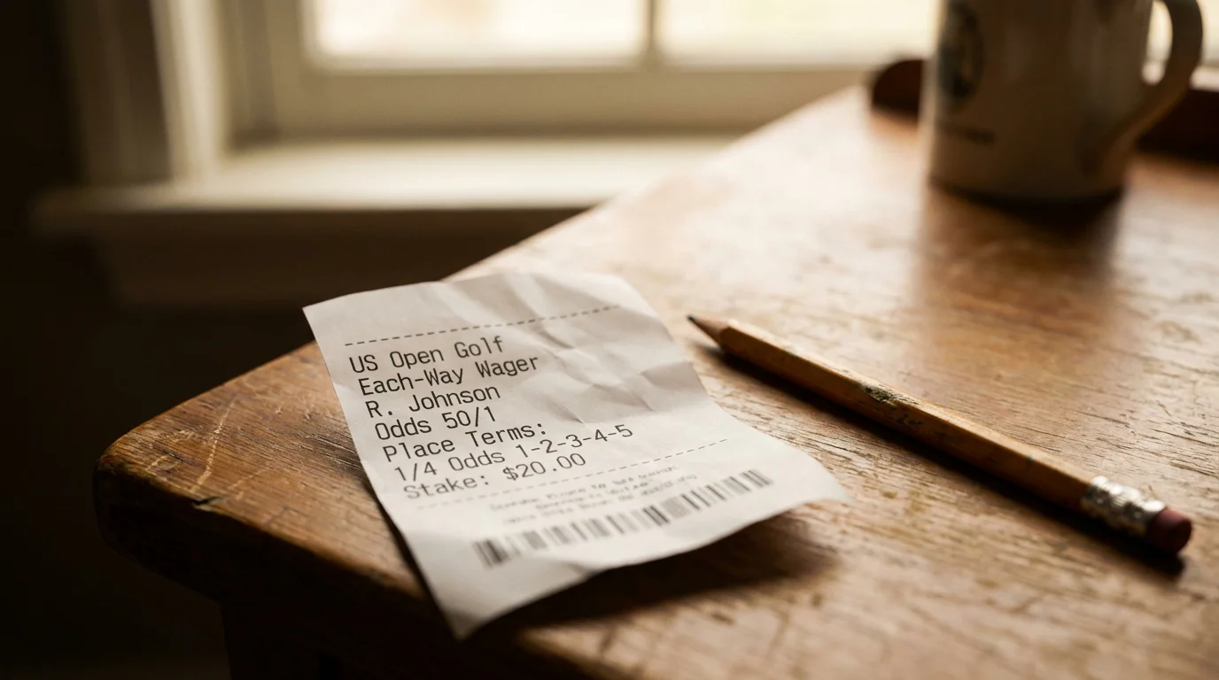 Printed US Open each-way betting slip on a desk with the eight paid places clearly visible in the place terms
