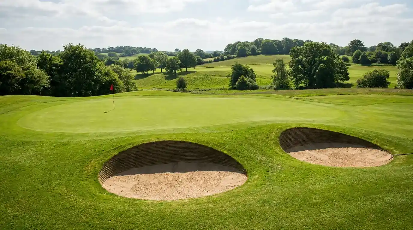 Firm fast US Open-style green with a tucked back pin position and deep penal bunkers fronting the putting surface