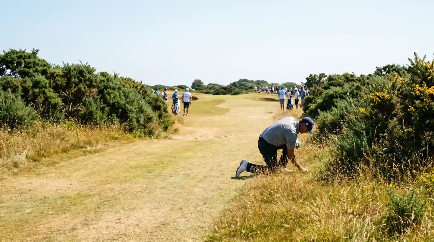 Narrow parkland fairway with thick punitive rough at a US Open-style championship under harsh midday sunshine