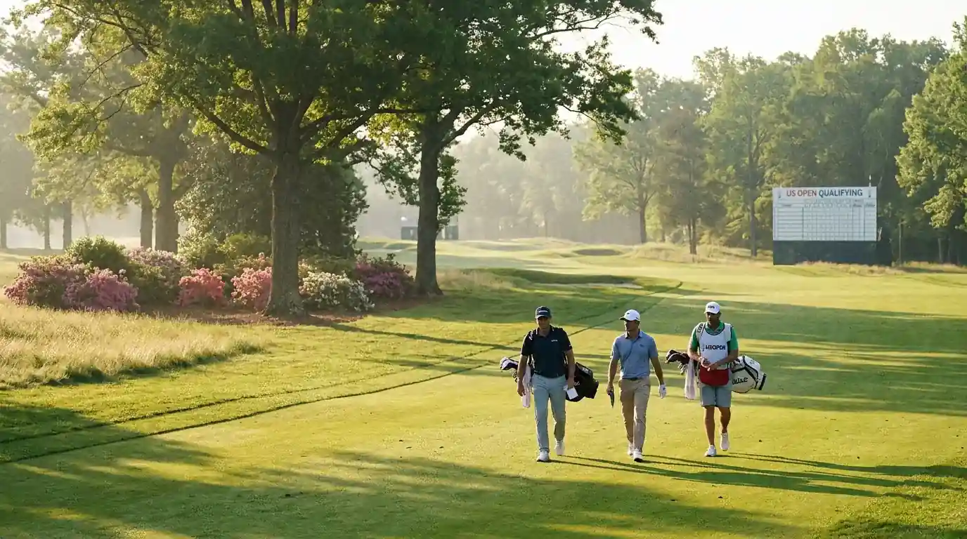 US Open qualifying day at a parkland course in late spring with players walking the fairway alongside their caddies
