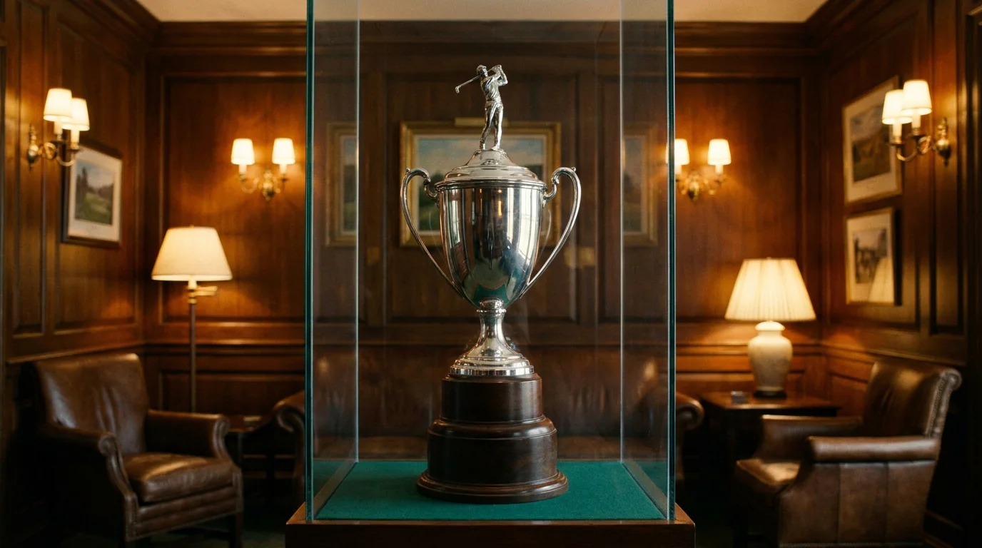Past US Open champions trophy on display in a clubhouse trophy room behind a glass case under warm interior light