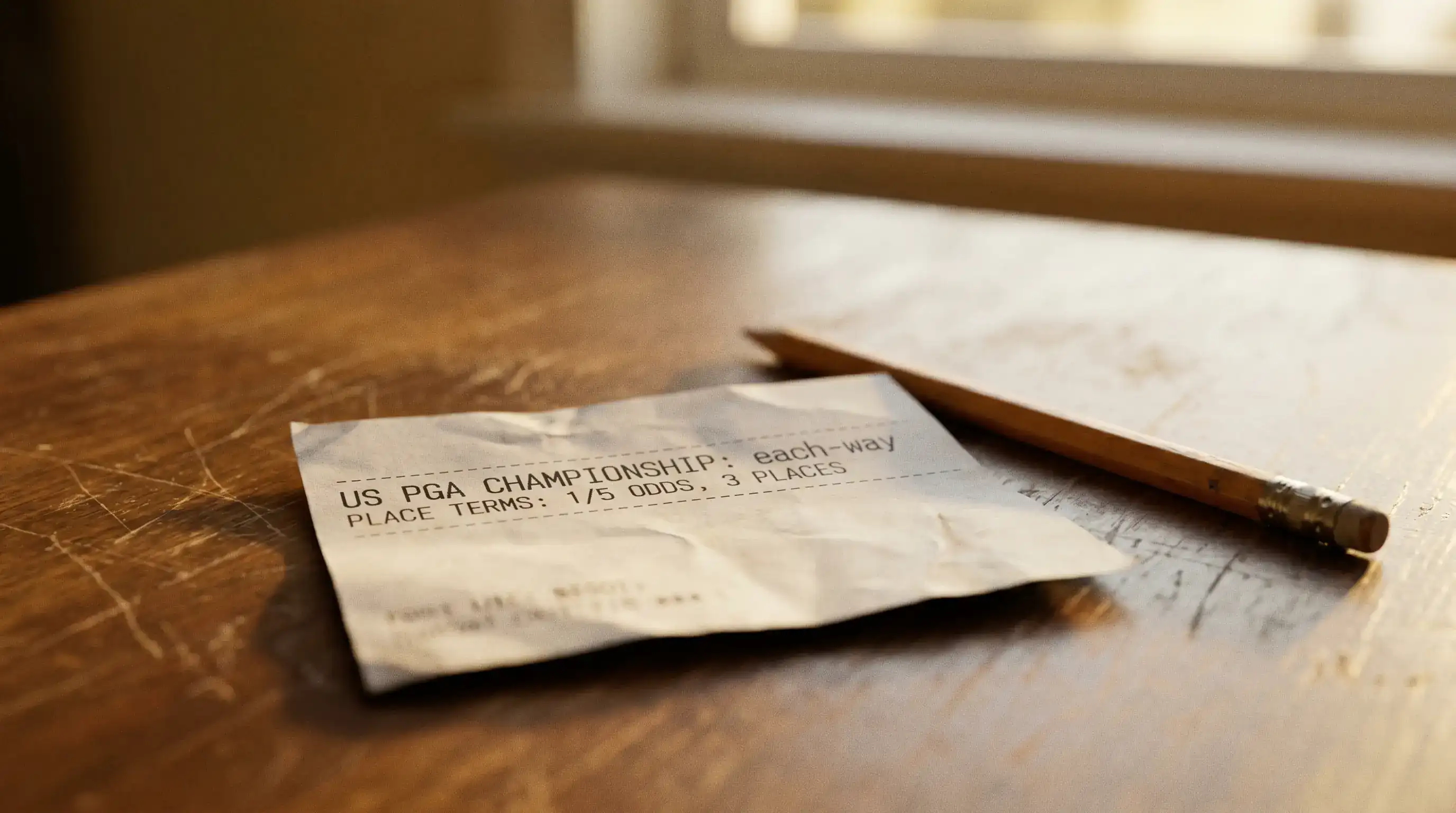 Each-way printed US PGA Championship betting slip on a desk with the eight paid places clearly visible in the place terms