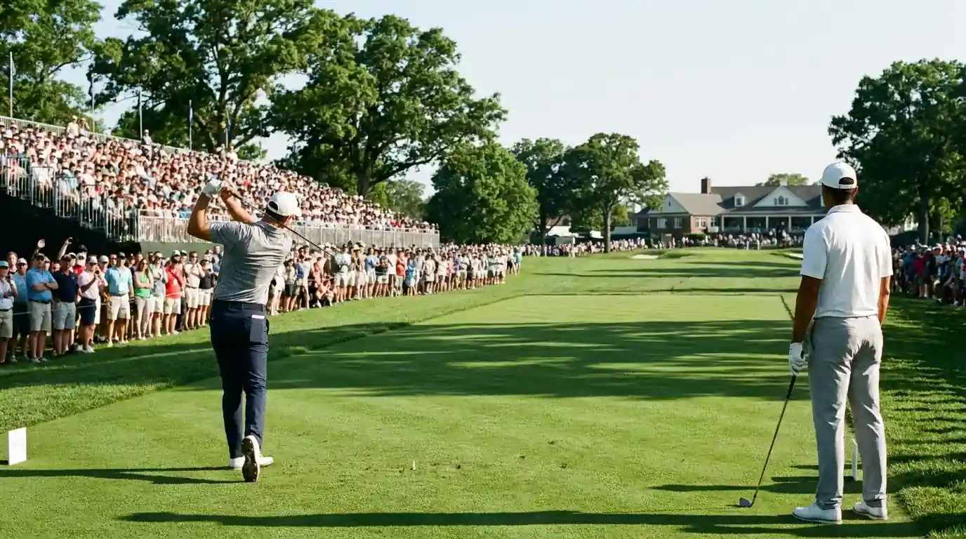Top-ranked pairing on the first tee at a US-style parkland major championship in late spring with grandstand spectators behind