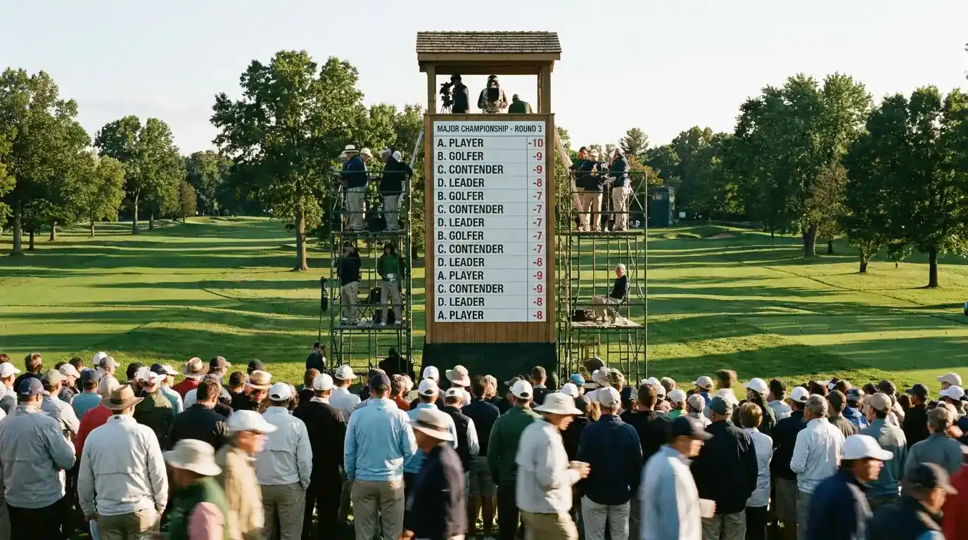 Mid-tournament leaderboard tower at a US-style parkland major championship with a tightly bunched group of contenders visible