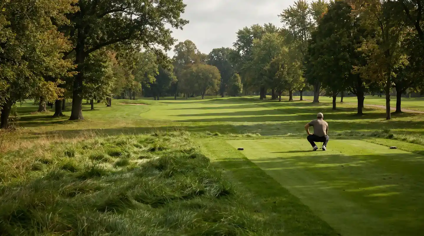 Narrow tree-lined parkland fairway with thick rough cut close to the edge of the fairway evoking a US PGA setup
