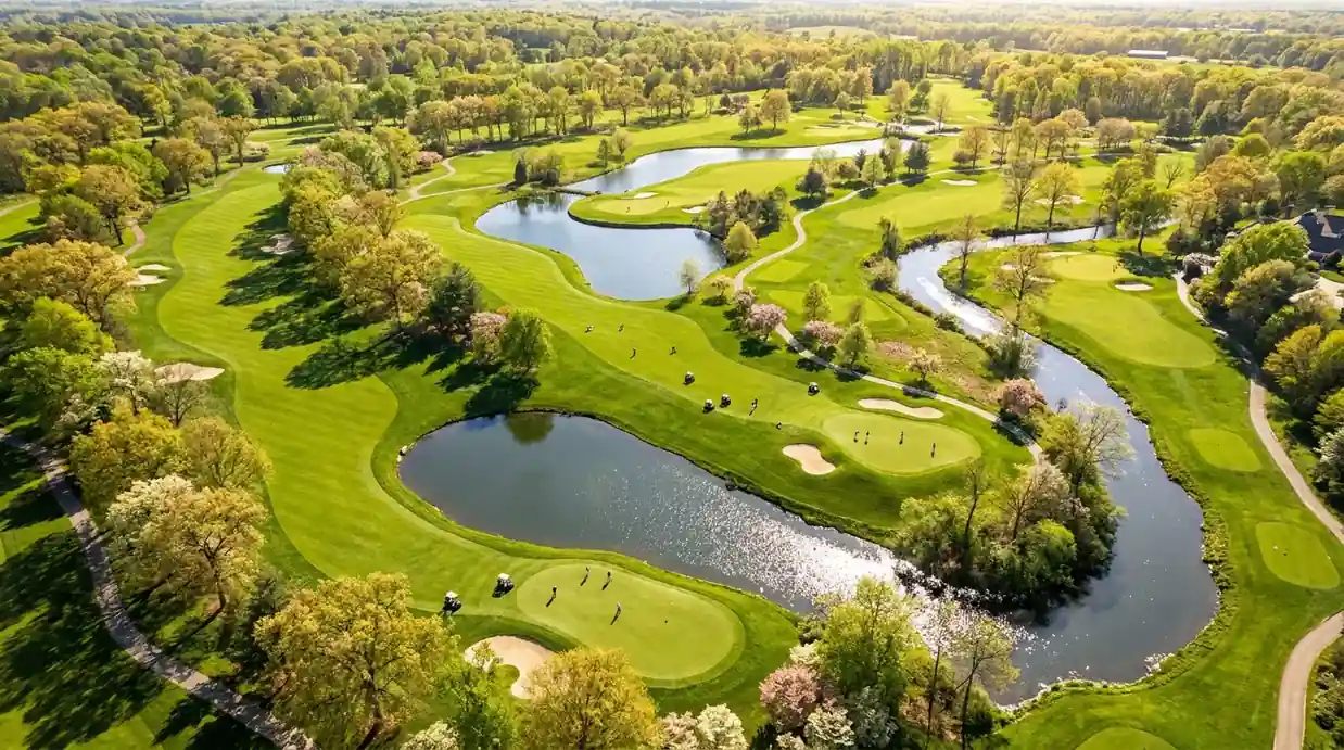 Overhead view of an American parkland championship venue showing a mix of doglegs, water hazards and tree-lined fairways