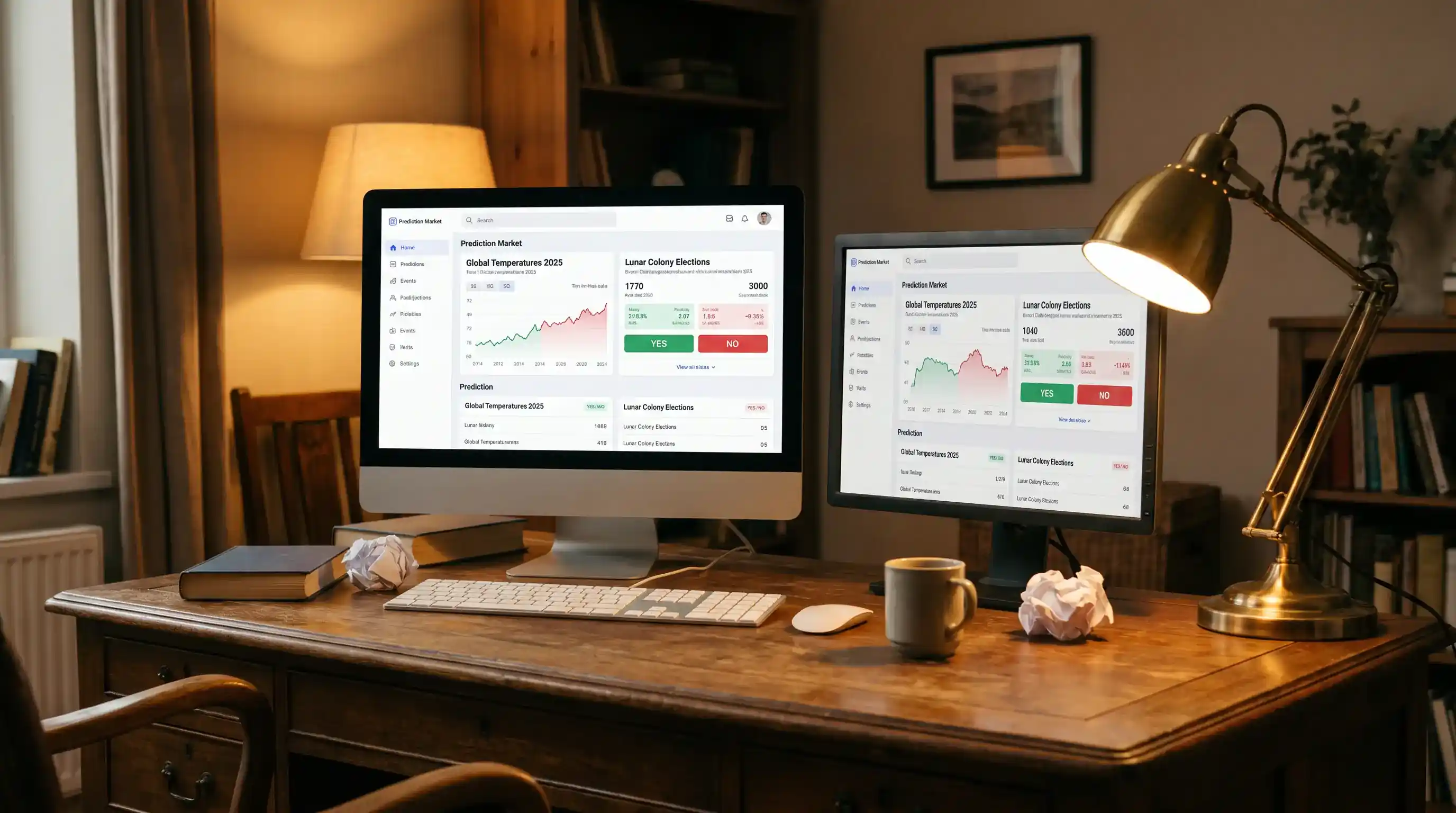 Two computer screens side by side on a desk showing generic prediction market interfaces representing two US-based platforms