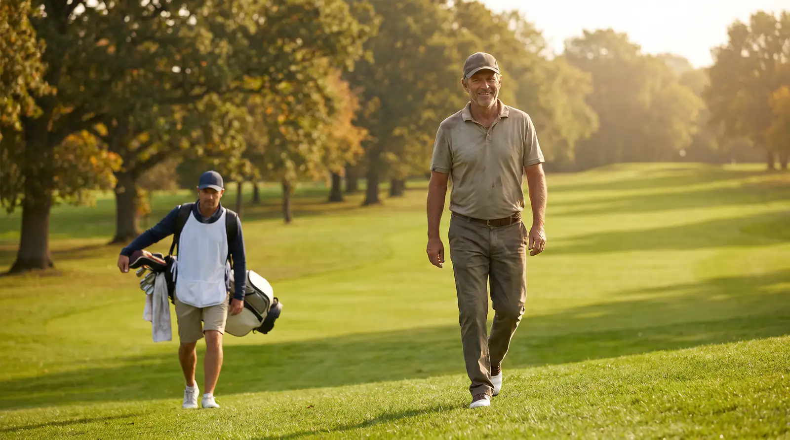 Veteran professional golfer with a familiar walking style striding up a parkland fairway he has played many times before