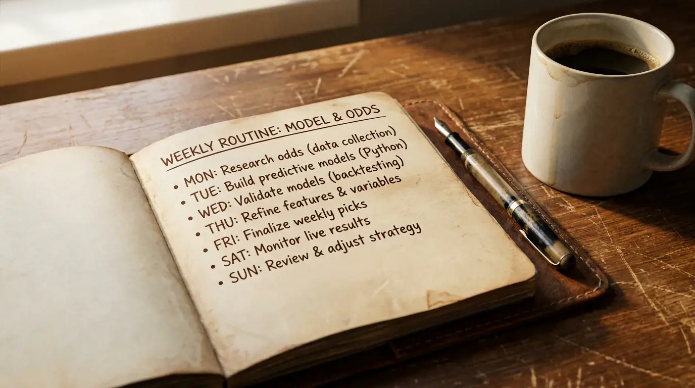 Notebook on a desk with a handwritten weekly routine checklist for the model and the odds comparison work