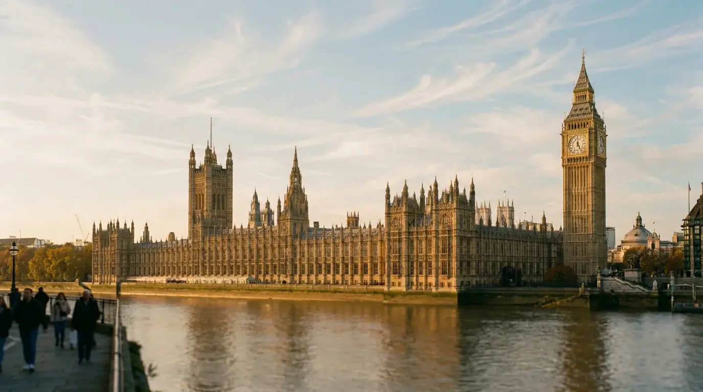 Houses of Parliament and Big Ben in Westminster, London, photographed across the Thames at golden hour
