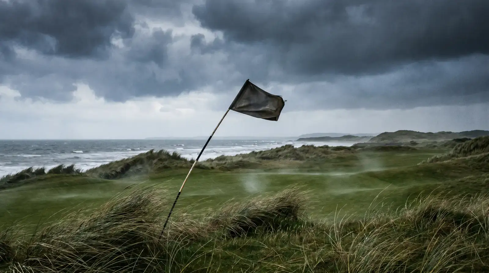 Flag bending sharply at a windward green on a links course with the sea visible in the background under a moody sky