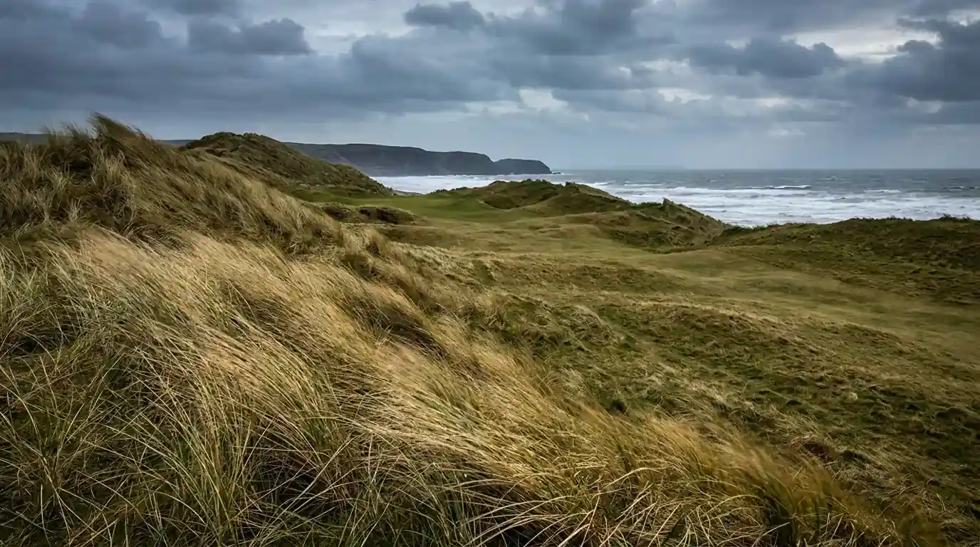 Windswept links fairway running toward the coastline with dunes and sea grasses bending in stiff afternoon breeze