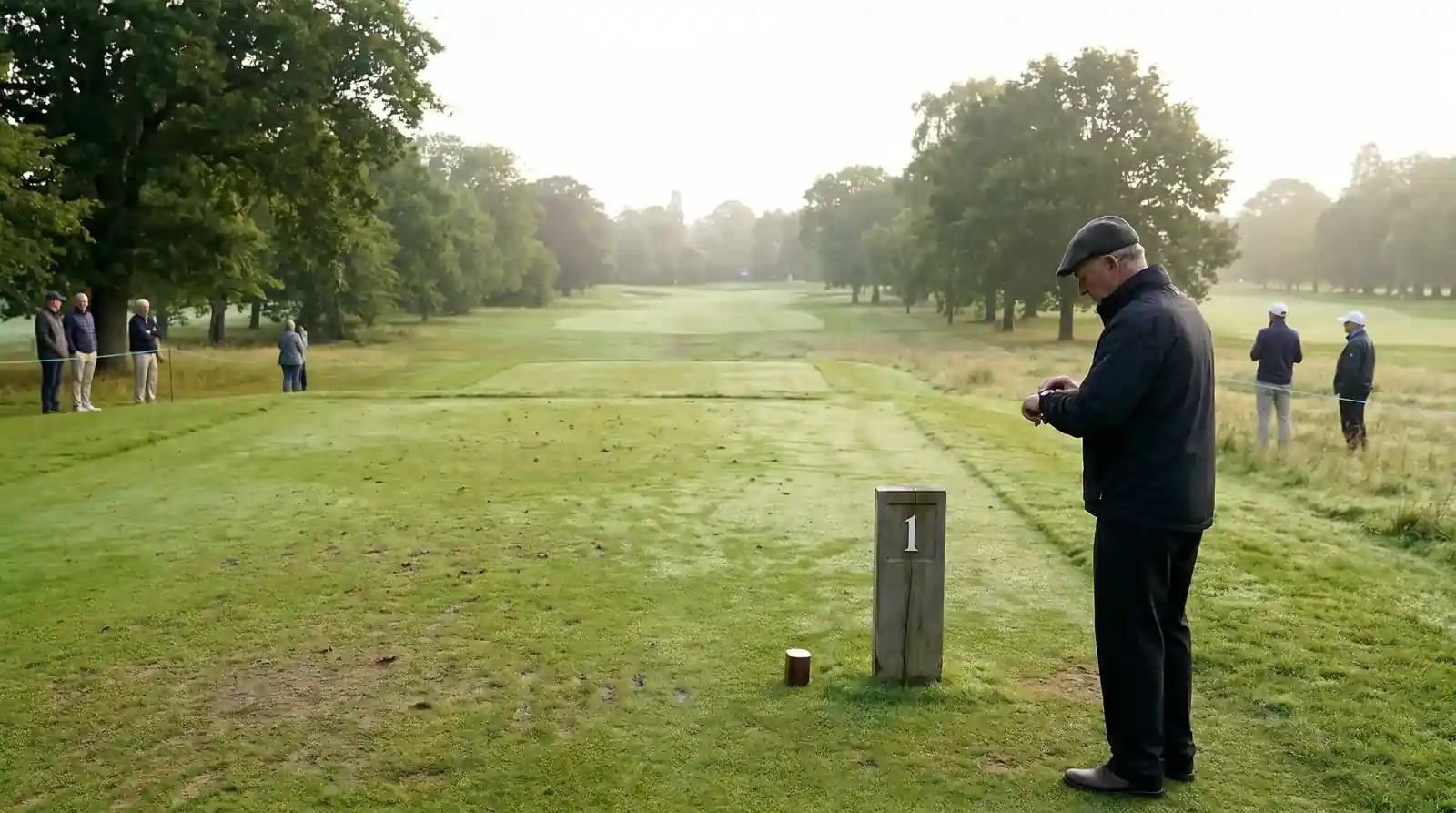 Empty tee box at a tournament with the tee time slot visibly marked but no player teeing off due to a late withdrawal