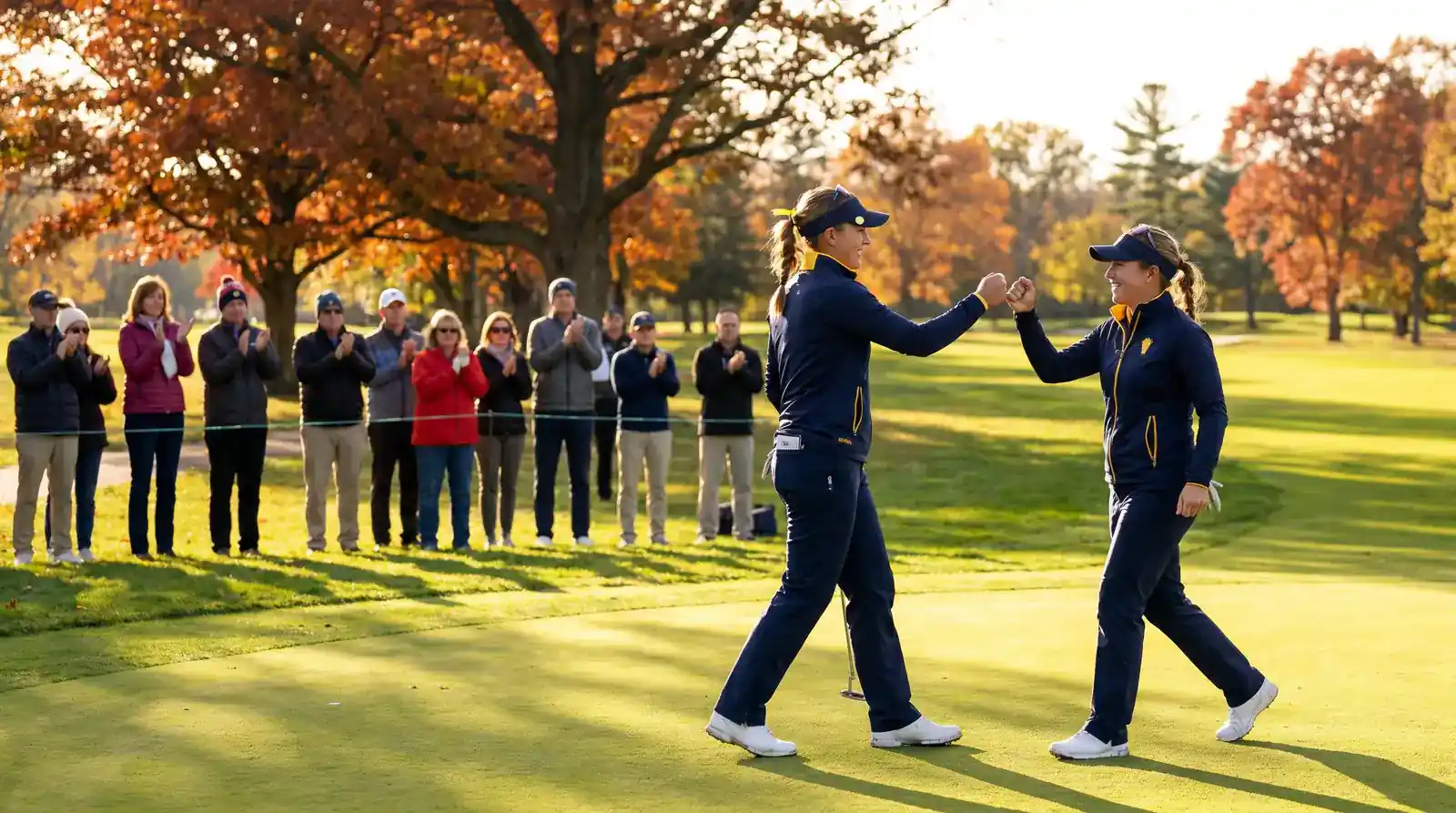 Female professional golfer celebrating a holed putt during a Solheim Cup-style team match play afternoon at a parkland venue